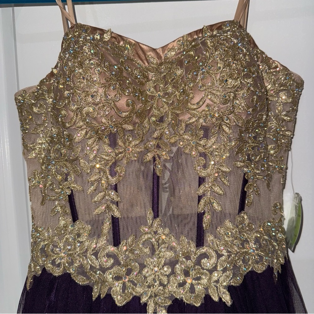 Windsor Dress - Gold Bustier Eggplant Prom Dress - Picture 6 of 9
